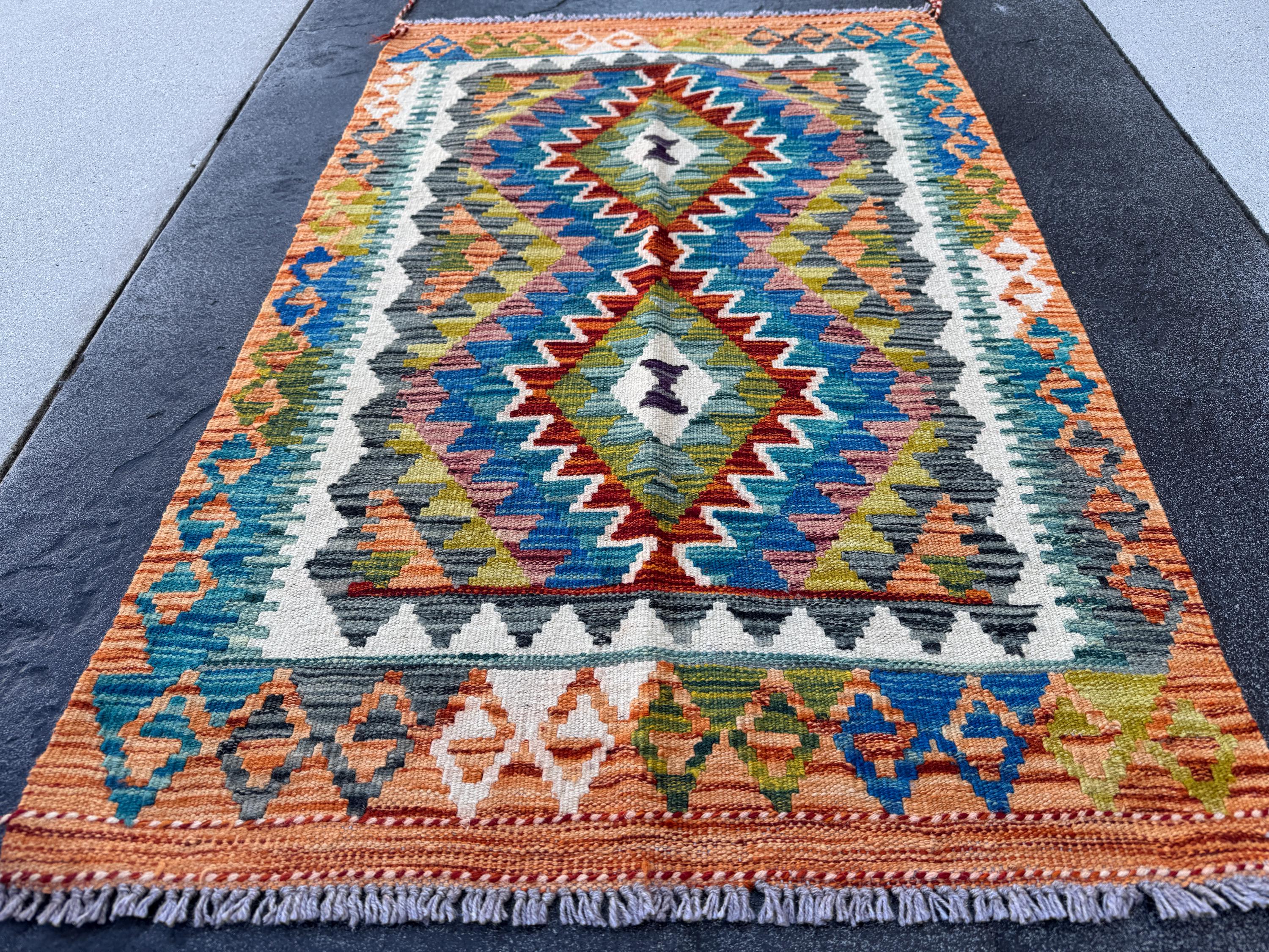 3x4 Handmade Afghan Kilim Rug | Rust Orange Cream White Mustard Yellow Olive Green Teal Aqua Blue Navy Red Purple Grey | Wool Flatwoven