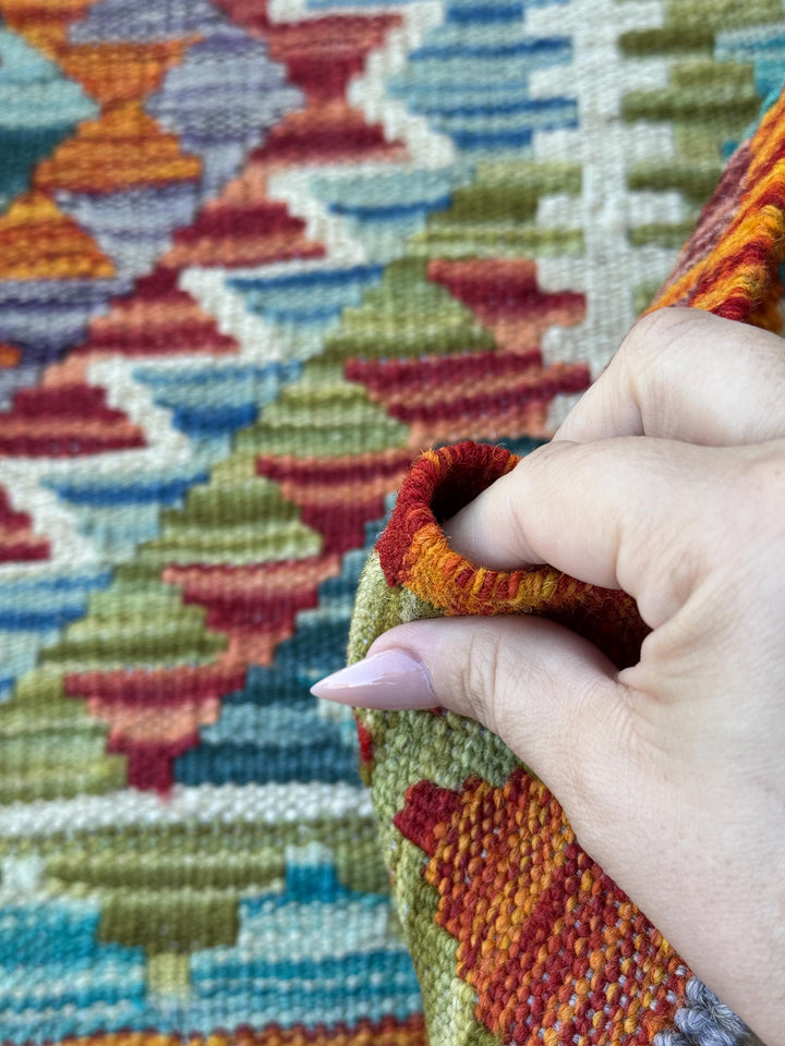 3x4 Handmade Afghan Kilim Rug | Rust Red Burnt Orange Mustard Yellow Olive Green Teal Aqua Blue Cream White Grey Purple | Wool Flatwoven
