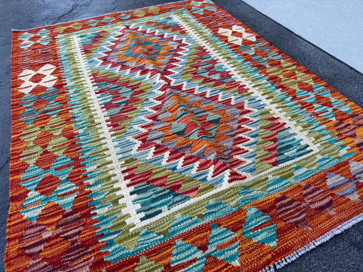 3x4 Handmade Afghan Kilim Rug | Rust Red Burnt Orange Mustard Yellow Olive Green Teal Aqua Blue Cream White Grey Purple | Wool Flatwoven