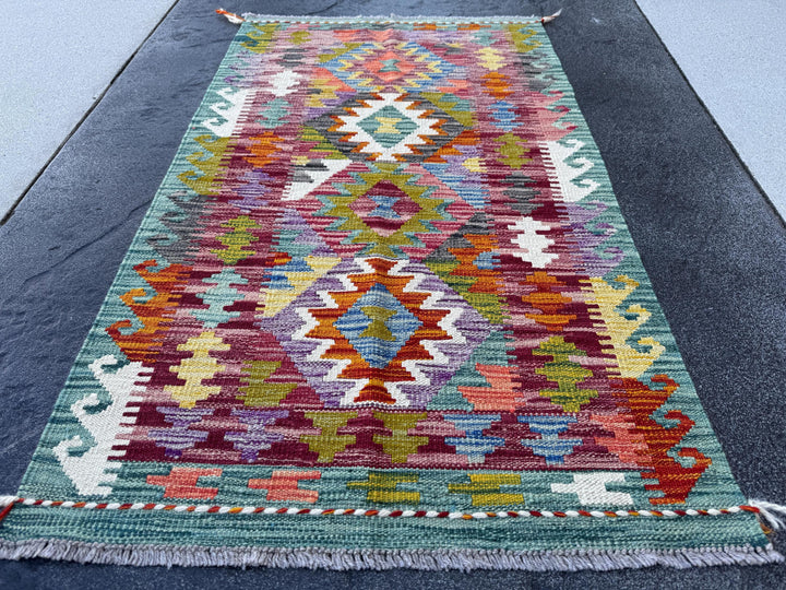 3x4 Handmade Afghan Kilim Rug | Teal Aqua Green Rust Red Burnt Orange Mustard Yellow Cream White Olive Blue Purple Grey | Wool Flatwoven