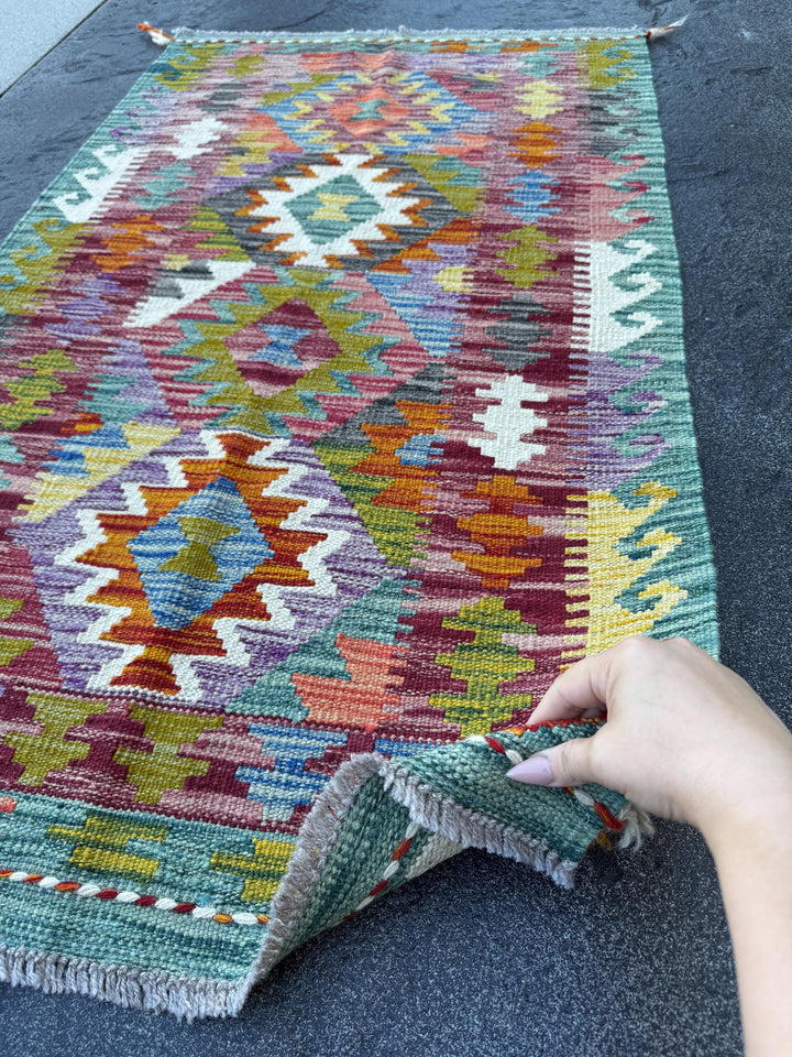 3x4 Handmade Afghan Kilim Rug | Teal Aqua Green Rust Red Burnt Orange Mustard Yellow Cream White Olive Blue Purple Grey | Wool Flatwoven