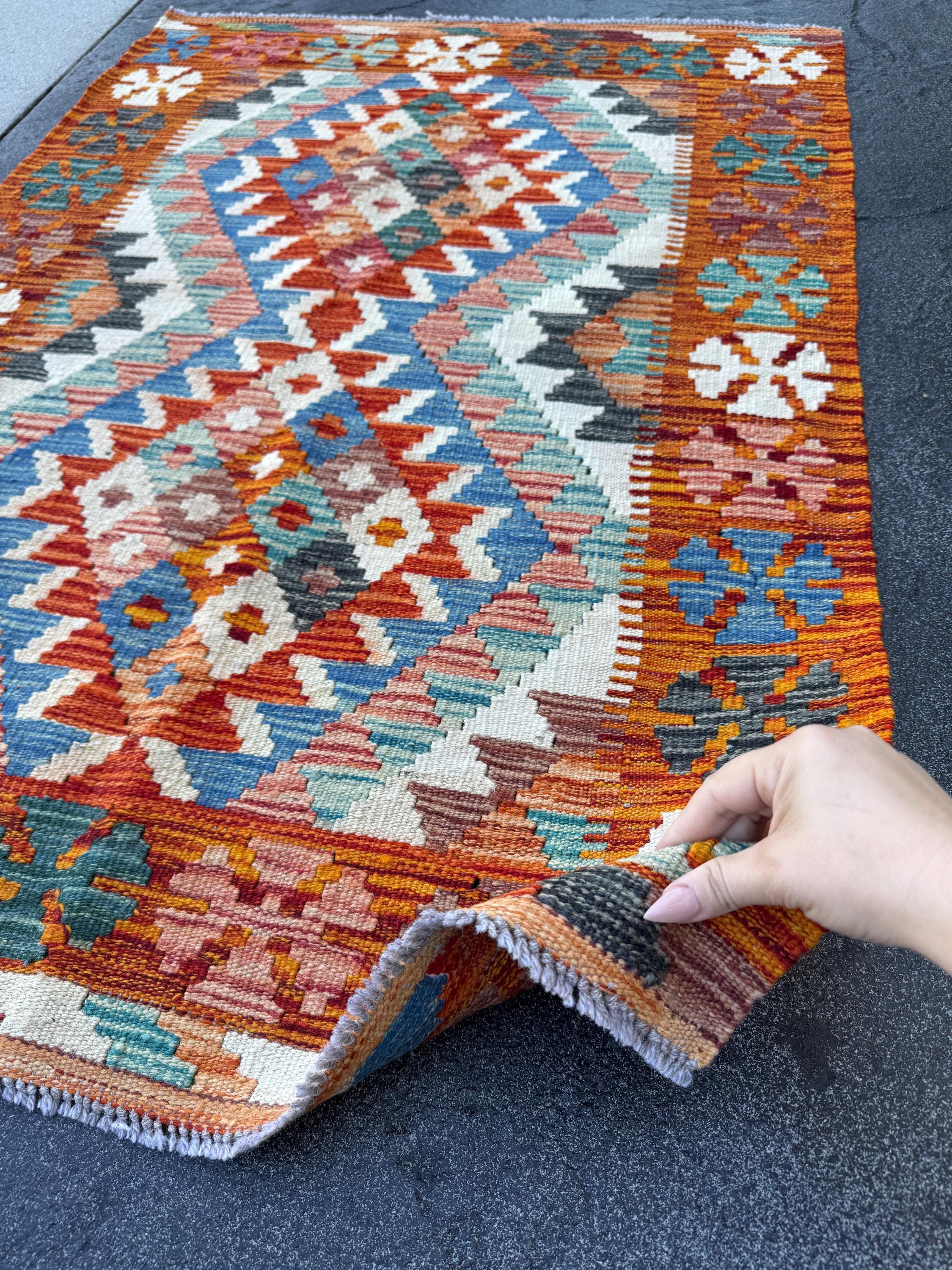 3x4 Handmade Afghan Kilim Rug | Burnt Orange Rust Red Cream White Aqua Blue Teal Navy Olive Green Mustard Yellow Purple Grey | Flatwoven