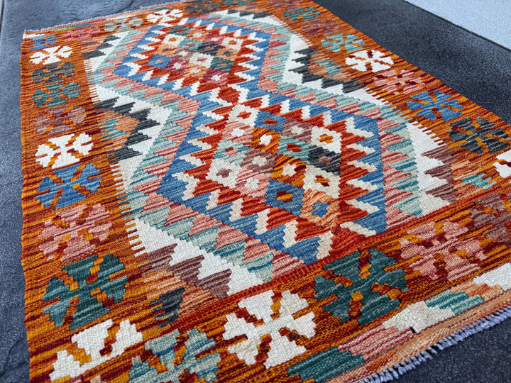 3x4 Handmade Afghan Kilim Rug | Burnt Orange Rust Red Cream White Aqua Blue Teal Navy Olive Green Mustard Yellow Purple Grey | Flatwoven