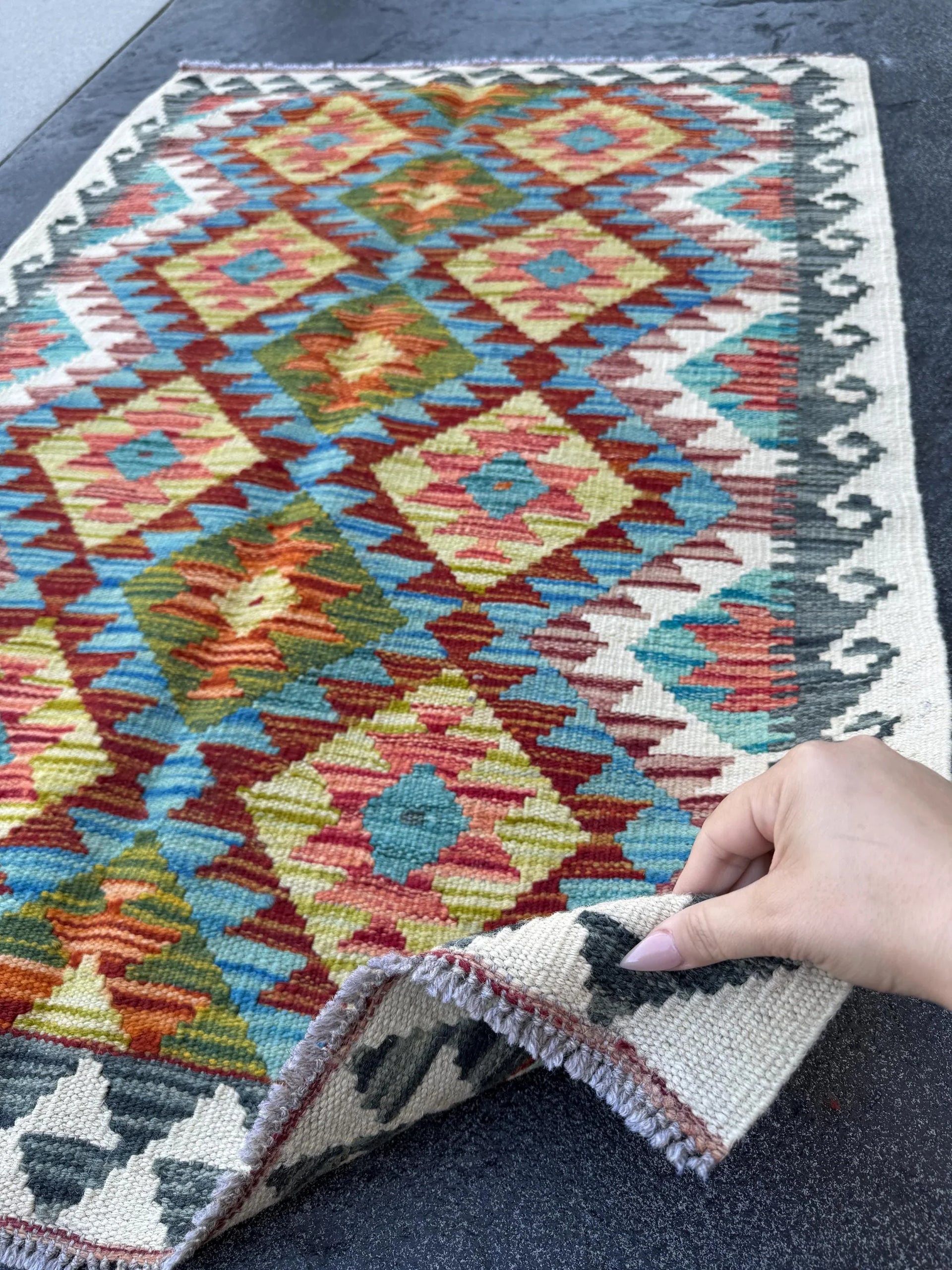 3x4 Handmade Afghan Kilim Rug | Rust Red Burnt Orange Mustard Yellow Olive Green Teal Aqua Blue Cream White Grey | Wool Flatwoven