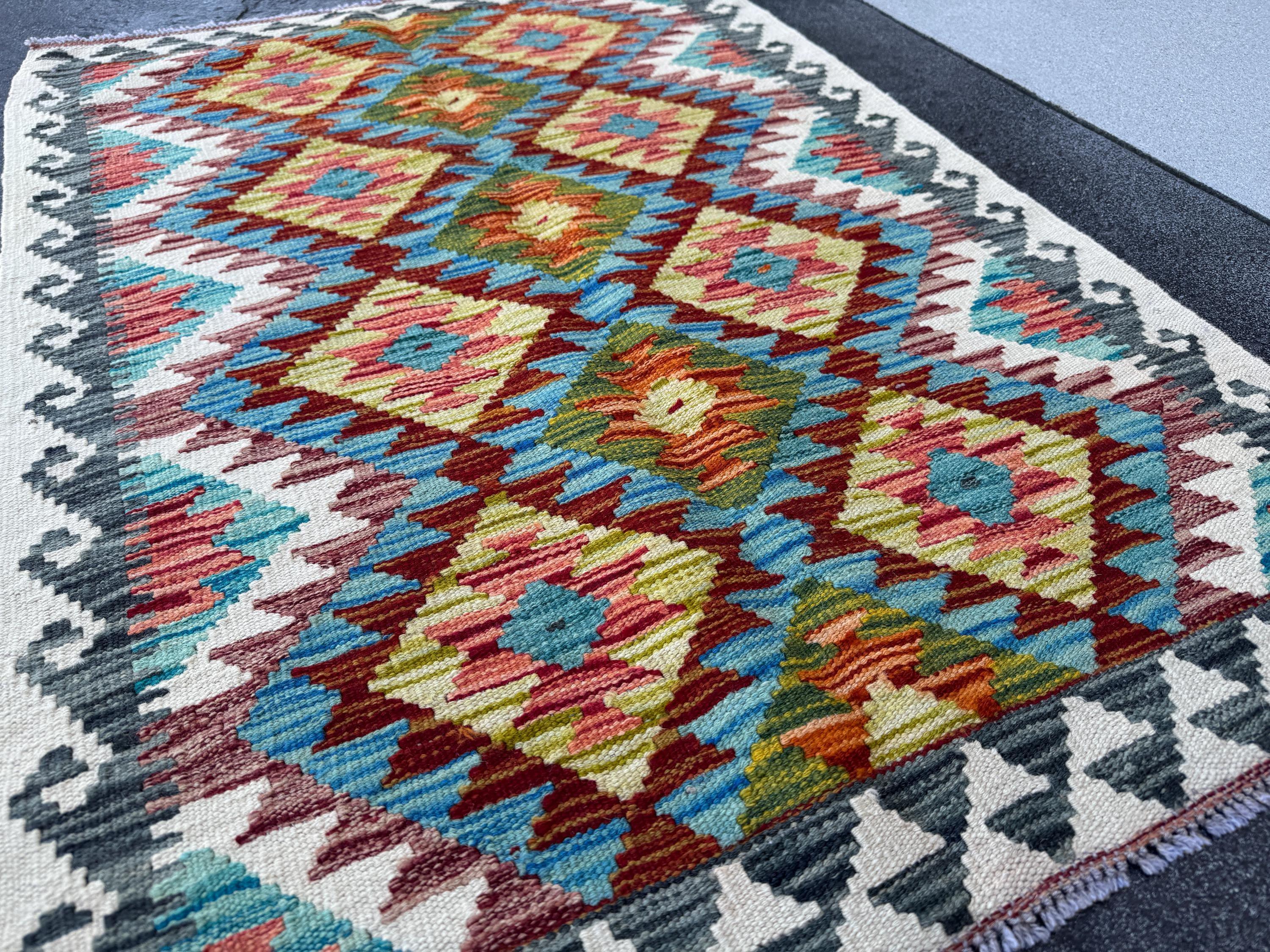 3x4 Handmade Afghan Kilim Rug | Rust Red Burnt Orange Mustard Yellow Olive Green Teal Aqua Blue Cream White Grey | Wool Flatwoven