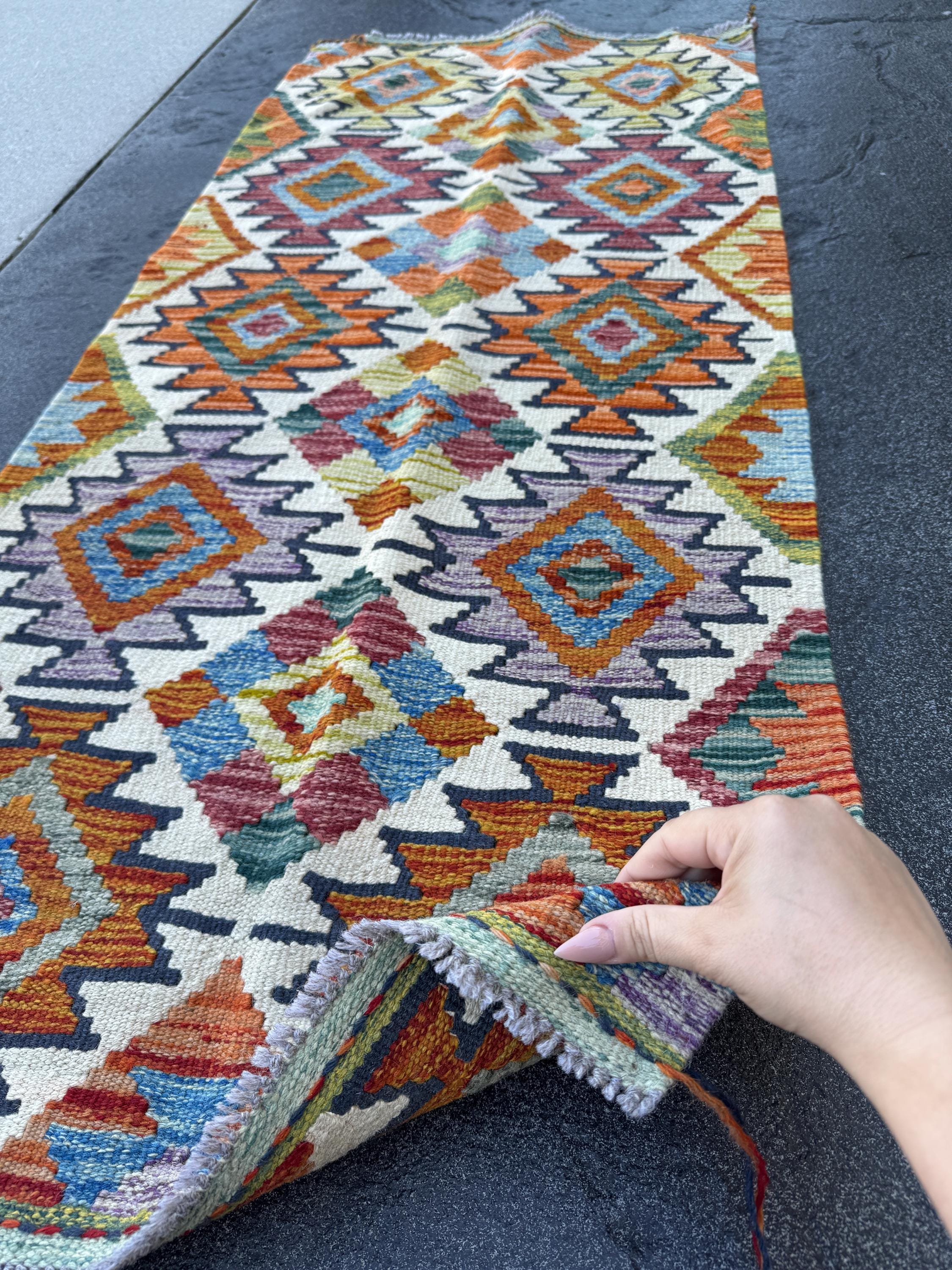 2x5 Handmade Afghan Kilim Runner Rug | Rust Red Burnt Orange Cream White Mustard Yellow Olive Green Teal Aqua Blue Navy Purple Grey | Wool