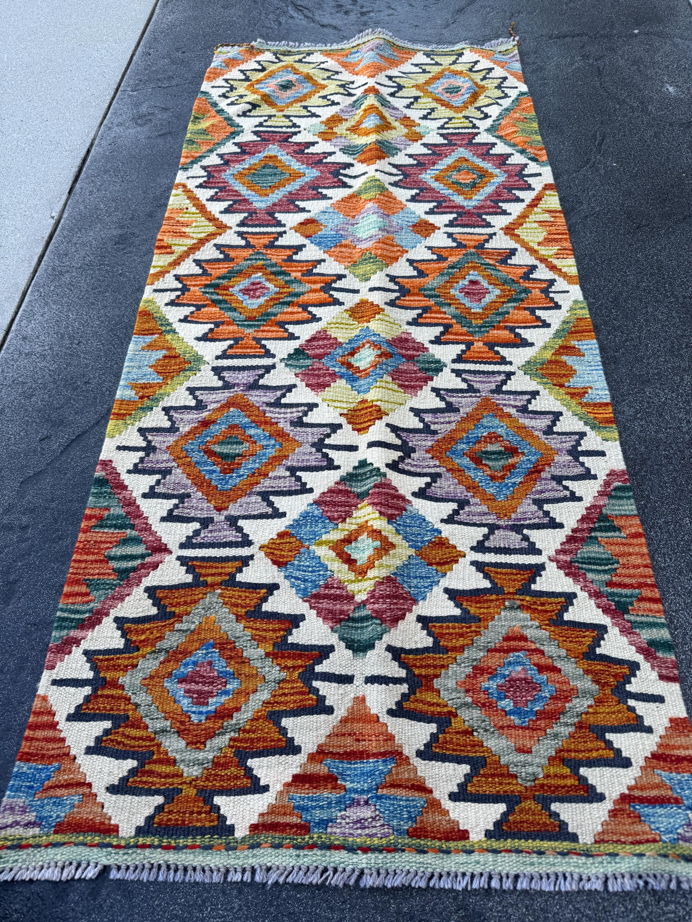 2x5 Handmade Afghan Kilim Runner Rug | Rust Red Burnt Orange Cream White Mustard Yellow Olive Green Teal Aqua Blue Navy Purple Grey | Wool