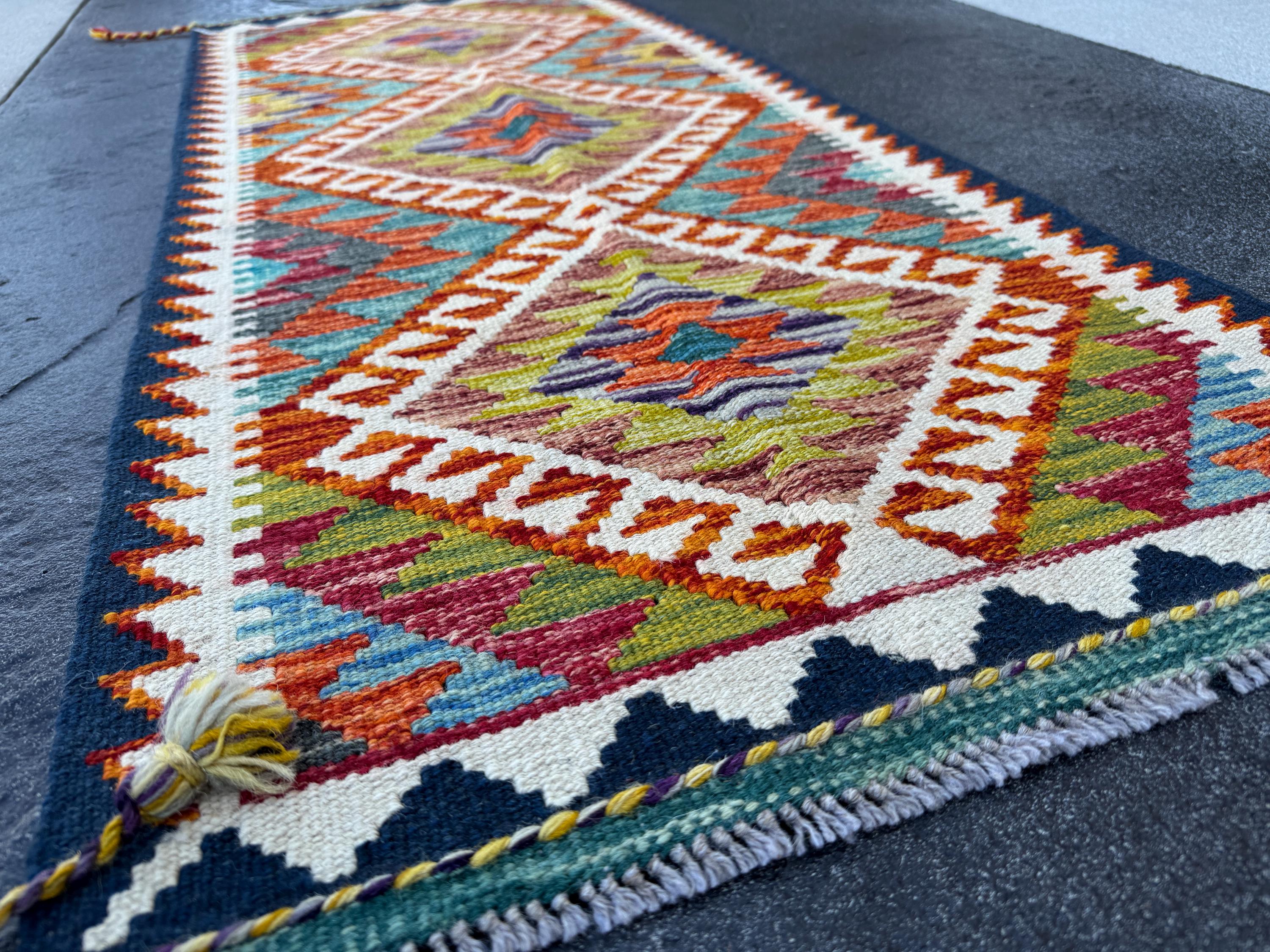 2x5 Handmade Afghan Kilim Runner Rug | Burnt Orange Rust Red Cream White Mustard Yellow Olive Green Teal Aqua Blue Navy Purple Grey | Wool