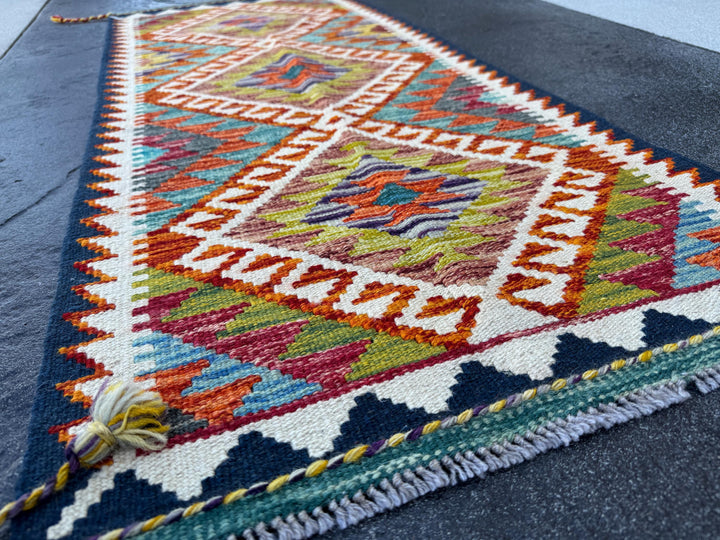 2x5 Handmade Afghan Kilim Runner Rug | Burnt Orange Rust Red Cream White Mustard Yellow Olive Green Teal Aqua Blue Navy Purple Grey | Wool