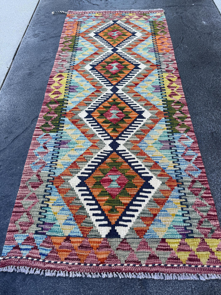 2x5 Handmade Afghan Kilim Runner Rug | Rust Red Burnt Orange Cream White Mustard Yellow Olive Green Teal Aqua Blue Navy Purple Grey | Wool