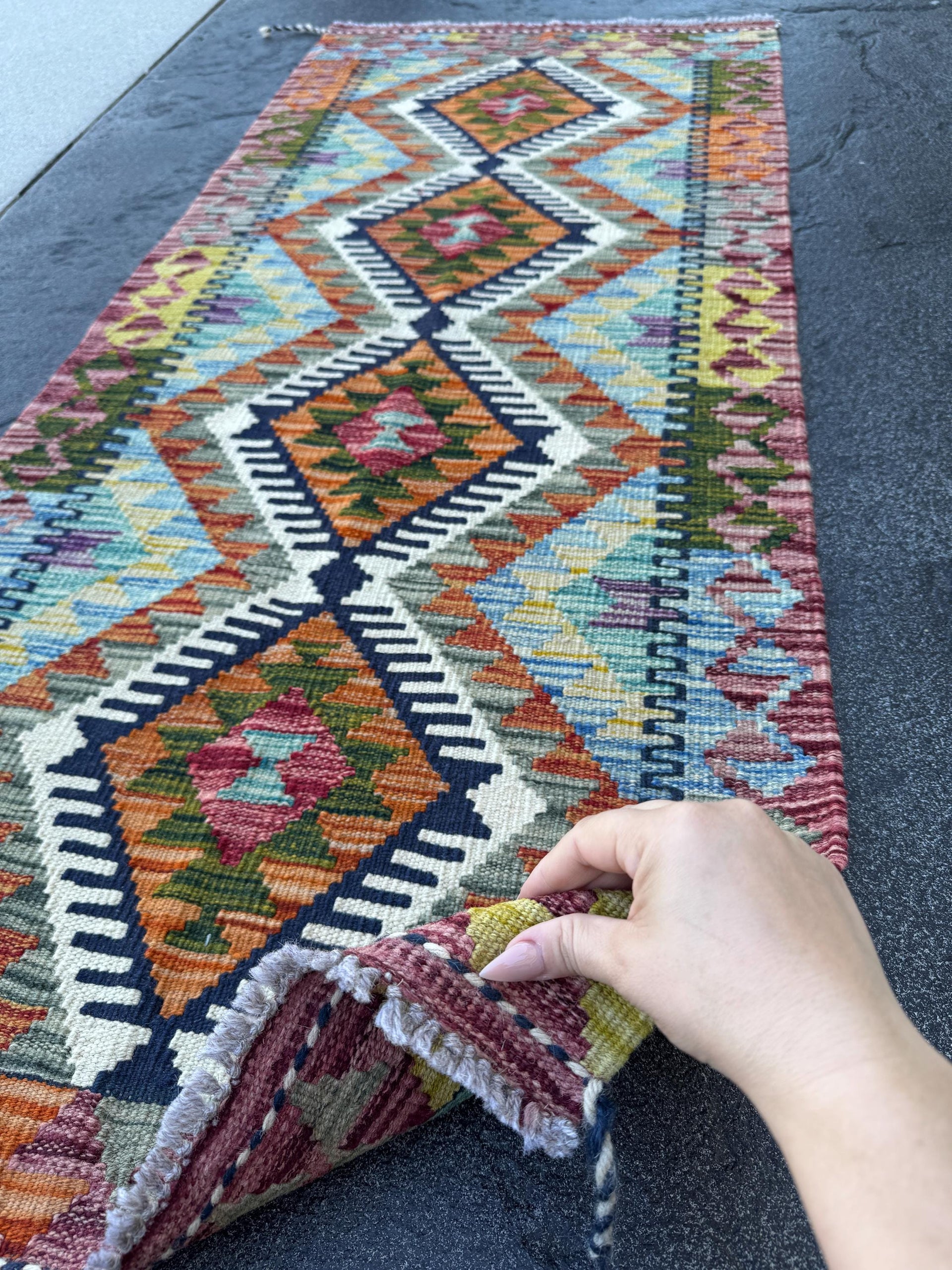 2x5 Handmade Afghan Kilim Runner Rug | Rust Red Burnt Orange Cream White Mustard Yellow Olive Green Teal Aqua Blue Navy Purple Grey | Wool