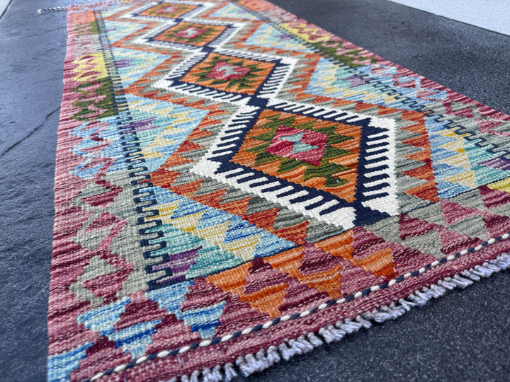 2x5 Handmade Afghan Kilim Runner Rug | Rust Red Burnt Orange Cream White Mustard Yellow Olive Green Teal Aqua Blue Navy Purple Grey | Wool