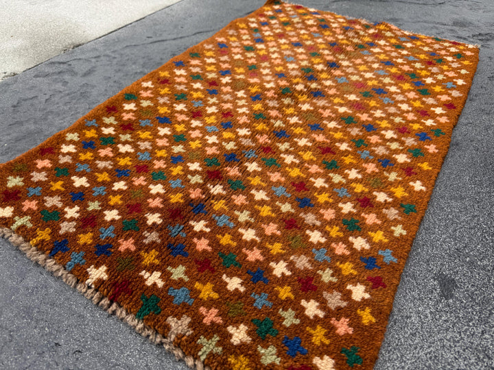 2x3 Handmade Vintage Afghan Baluch Rug | Chocolate Brown Peach Mustard Navy Denim Blue Cream Grey Mint Forest Green Tan | Wool Flatwoven