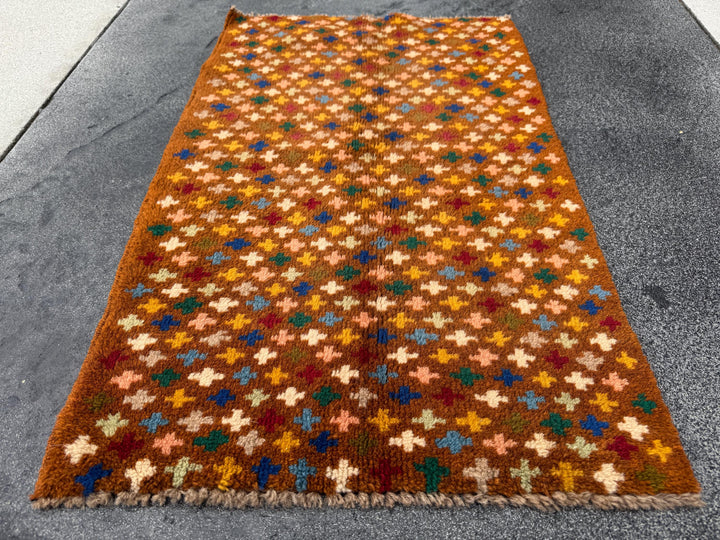 2x3 Handmade Vintage Afghan Baluch Rug | Chocolate Brown Peach Mustard Navy Denim Blue Cream Grey Mint Forest Green Tan | Wool Flatwoven