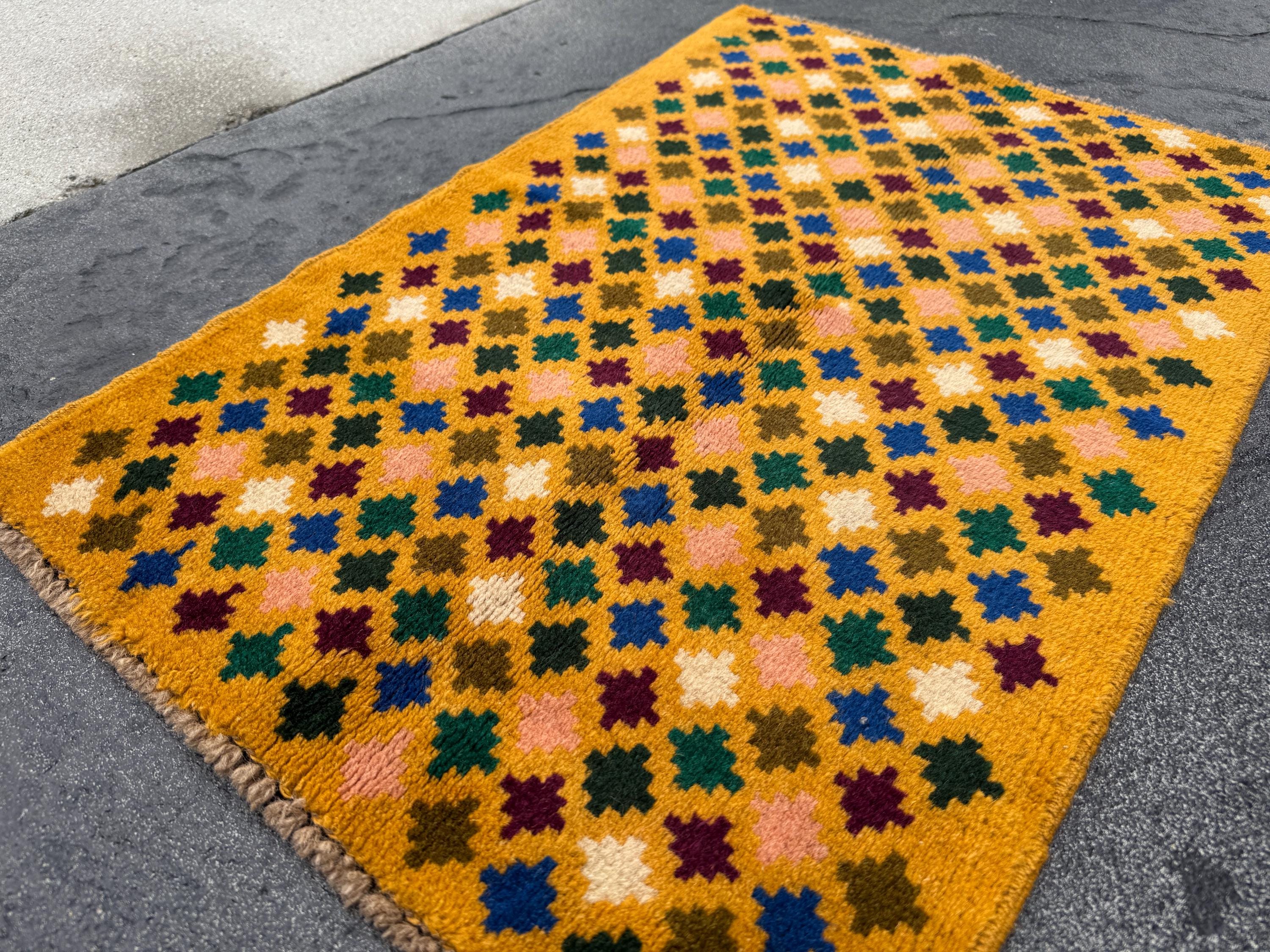 2x3 Handmade Vintage Afghan Baluch Rug | Mustard Yellow Cream Salmon Pink Peach Brick Red Forest Olive Green Copper Brown Blue | Flatwoven