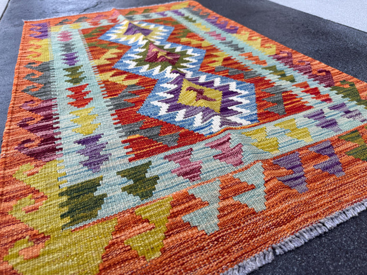 3x4 Handmade Afghan Kilim Rug | Burnt Orange Rust Red Mustard Yellow Olive Green Teal Aqua Blue Navy Purple Cream Grey | Wool Flatwoven
