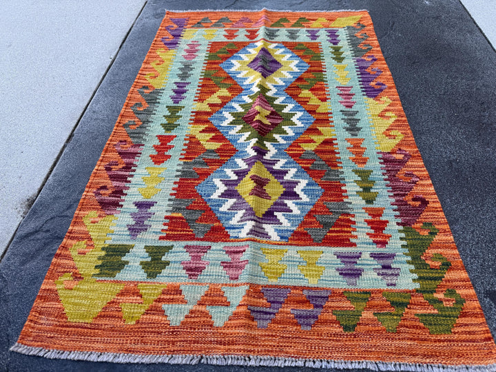 3x4 Handmade Afghan Kilim Rug | Burnt Orange Rust Red Mustard Yellow Olive Green Teal Aqua Blue Navy Purple Cream Grey | Wool Flatwoven