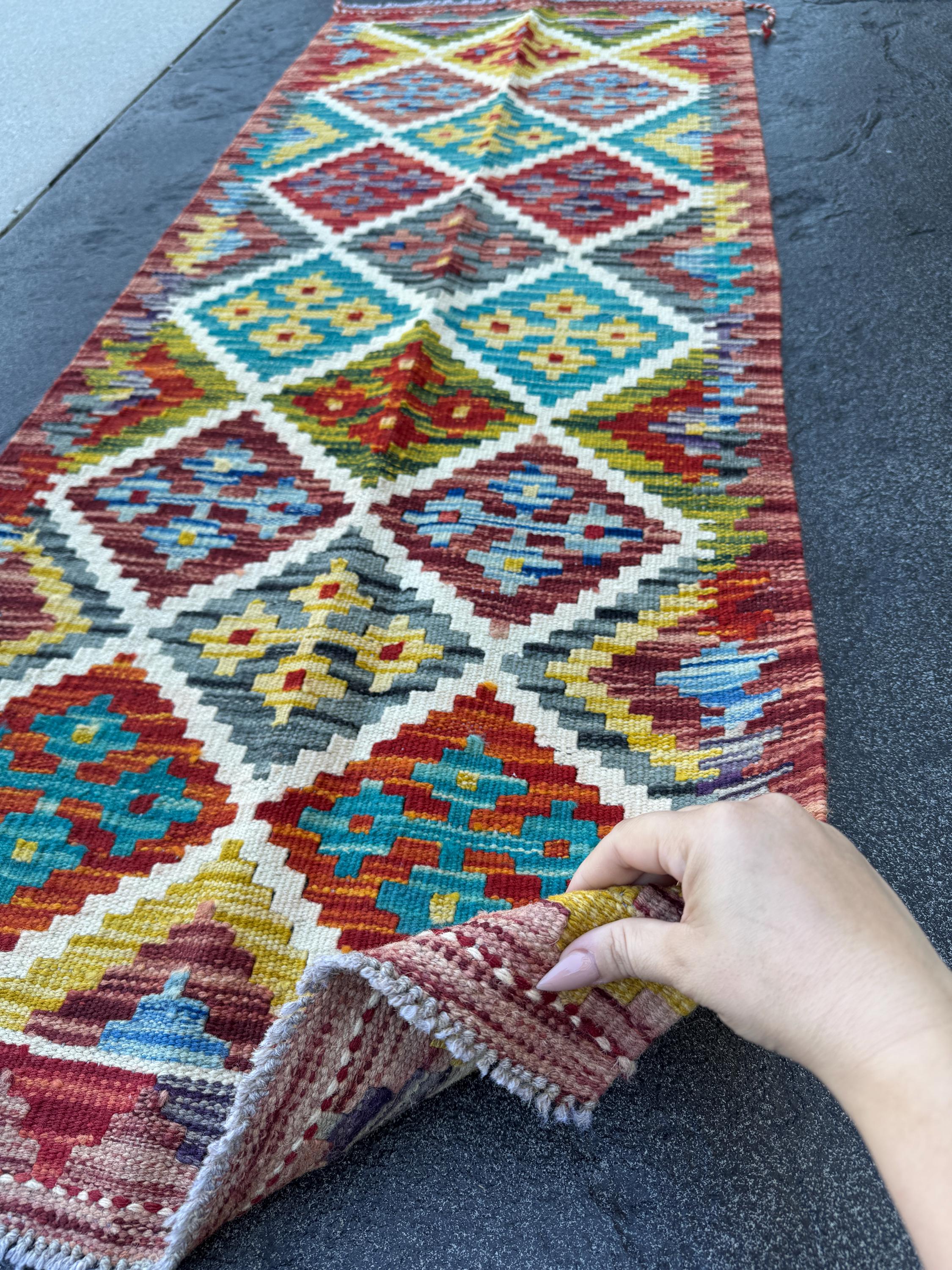 2x5 Handmade Afghan Kilim Runner Rug | Rust Red Burnt Orange Cream White Mustard Yellow Olive Green Teal Aqua Blue Navy Purple Grey | Wool