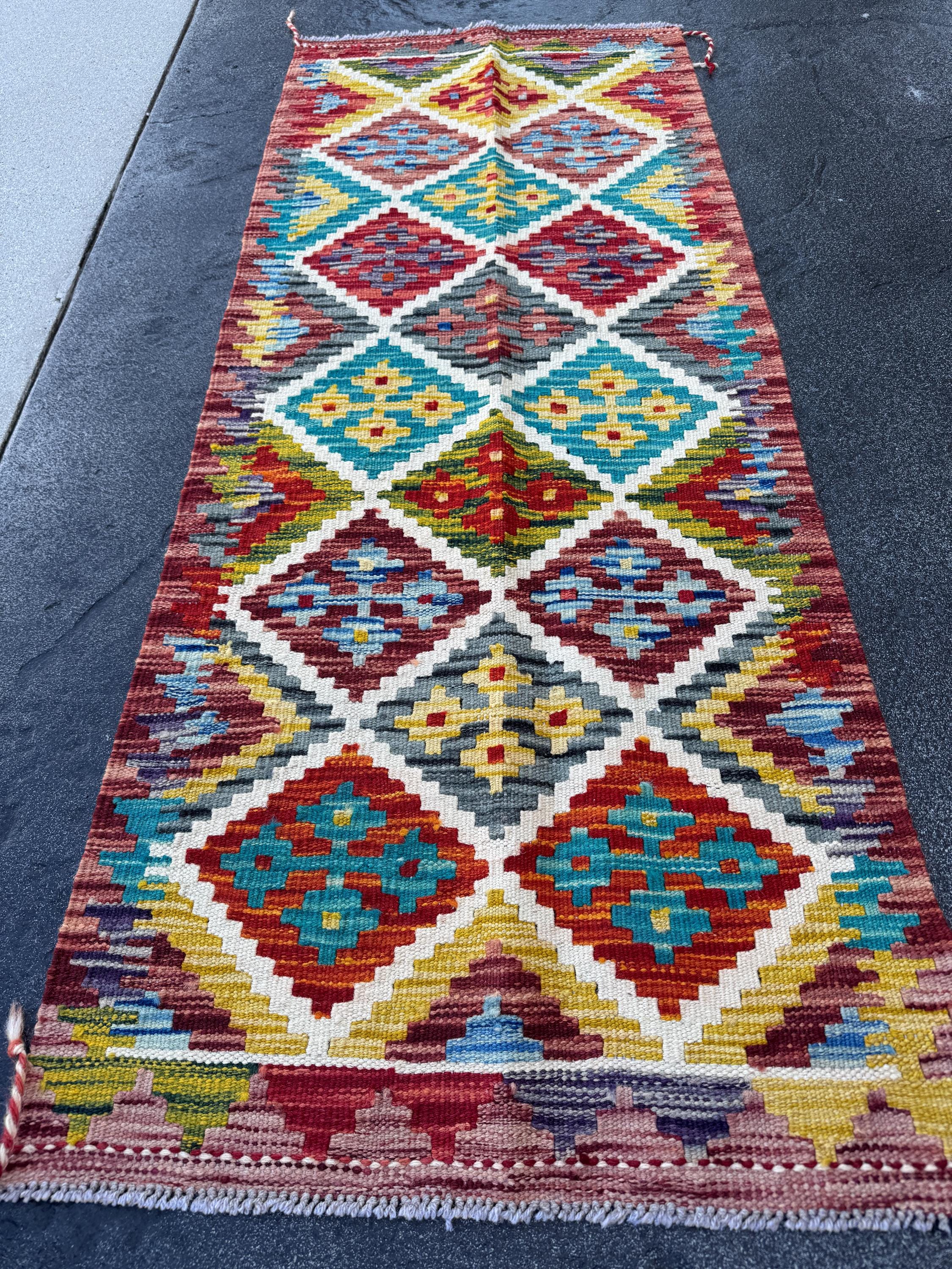 2x5 Handmade Afghan Kilim Runner Rug | Rust Red Burnt Orange Cream White Mustard Yellow Olive Green Teal Aqua Blue Navy Purple Grey | Wool