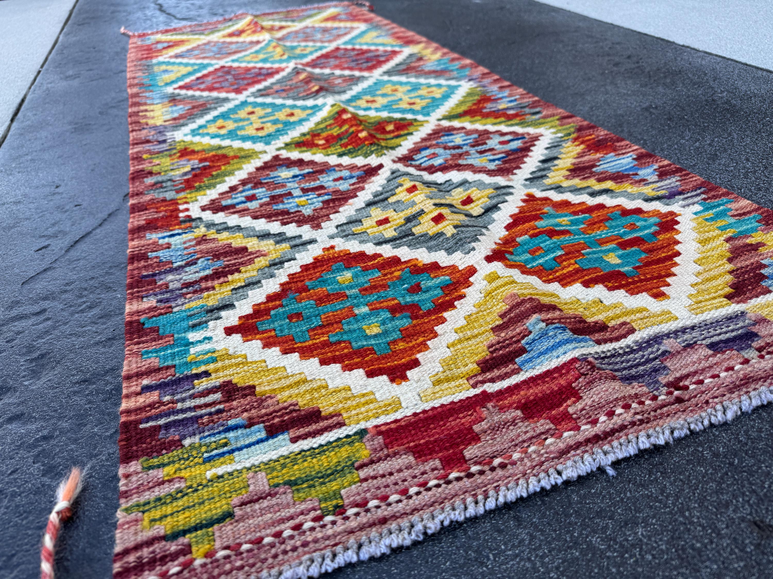2x5 Handmade Afghan Kilim Runner Rug | Rust Red Burnt Orange Cream White Mustard Yellow Olive Green Teal Aqua Blue Navy Purple Grey | Wool