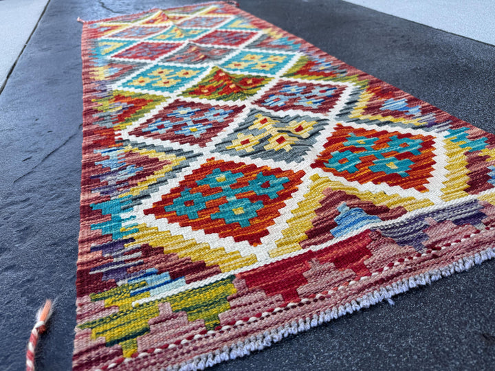 2x5 Handmade Afghan Kilim Runner Rug | Rust Red Burnt Orange Cream White Mustard Yellow Olive Green Teal Aqua Blue Navy Purple Grey | Wool