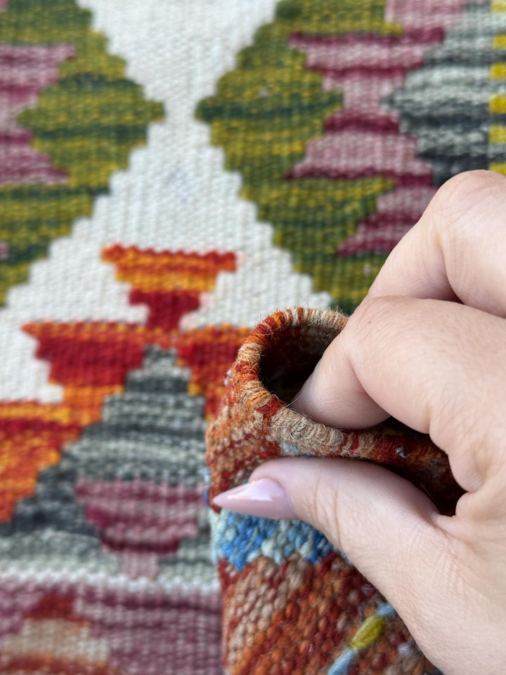 2x5 Handmade Afghan Kilim Runner Rug | Olive Green Rust Red Burnt Orange Cream White Mustard Yellow Teal Aqua Blue Purple | Wool Flatwoven