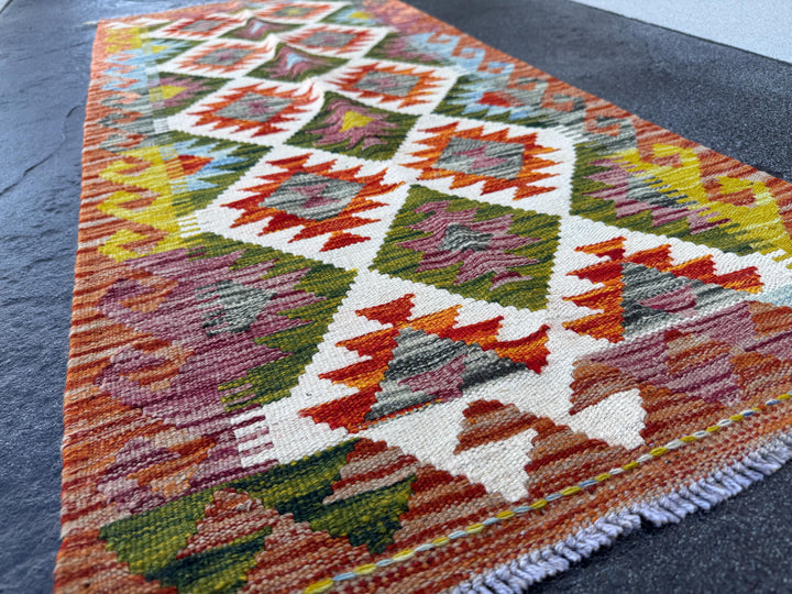 2x5 Handmade Afghan Kilim Runner Rug | Olive Green Rust Red Burnt Orange Cream White Mustard Yellow Teal Aqua Blue Purple | Wool Flatwoven