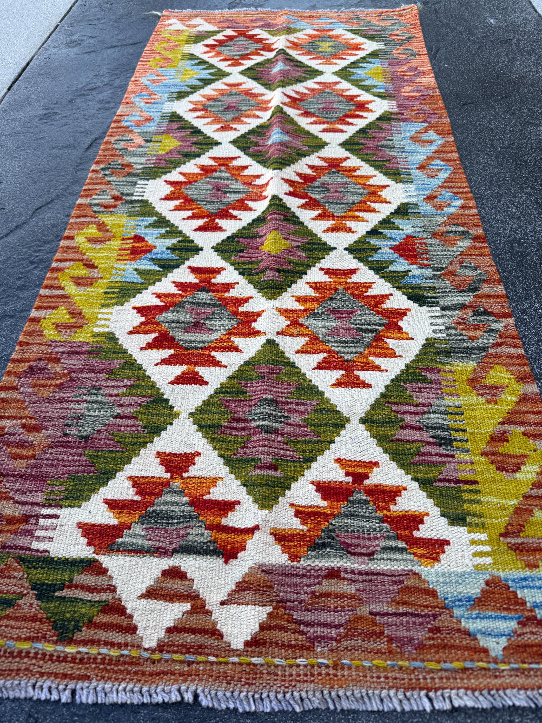 2x5 Handmade Afghan Kilim Runner Rug | Olive Green Rust Red Burnt Orange Cream White Mustard Yellow Teal Aqua Blue Purple | Wool Flatwoven
