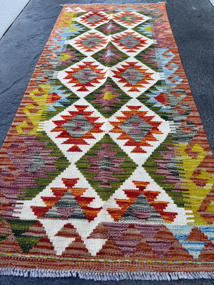 2x5 Handmade Afghan Kilim Runner Rug | Olive Green Rust Red Burnt Orange Cream White Mustard Yellow Teal Aqua Blue Purple | Wool Flatwoven