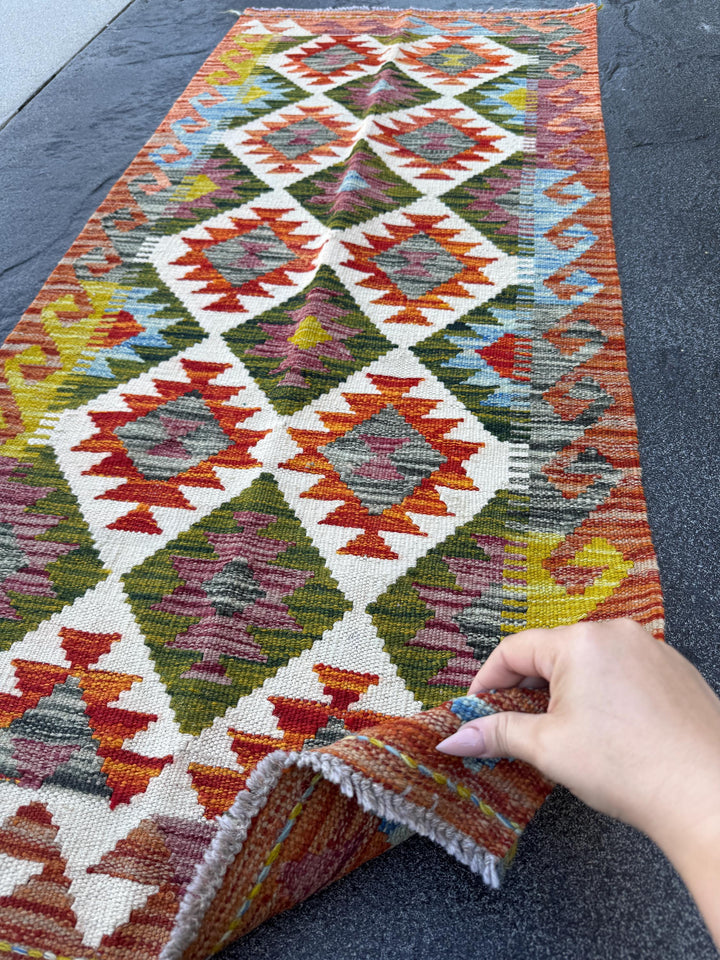 2x5 Handmade Afghan Kilim Runner Rug | Olive Green Rust Red Burnt Orange Cream White Mustard Yellow Teal Aqua Blue Purple | Wool Flatwoven