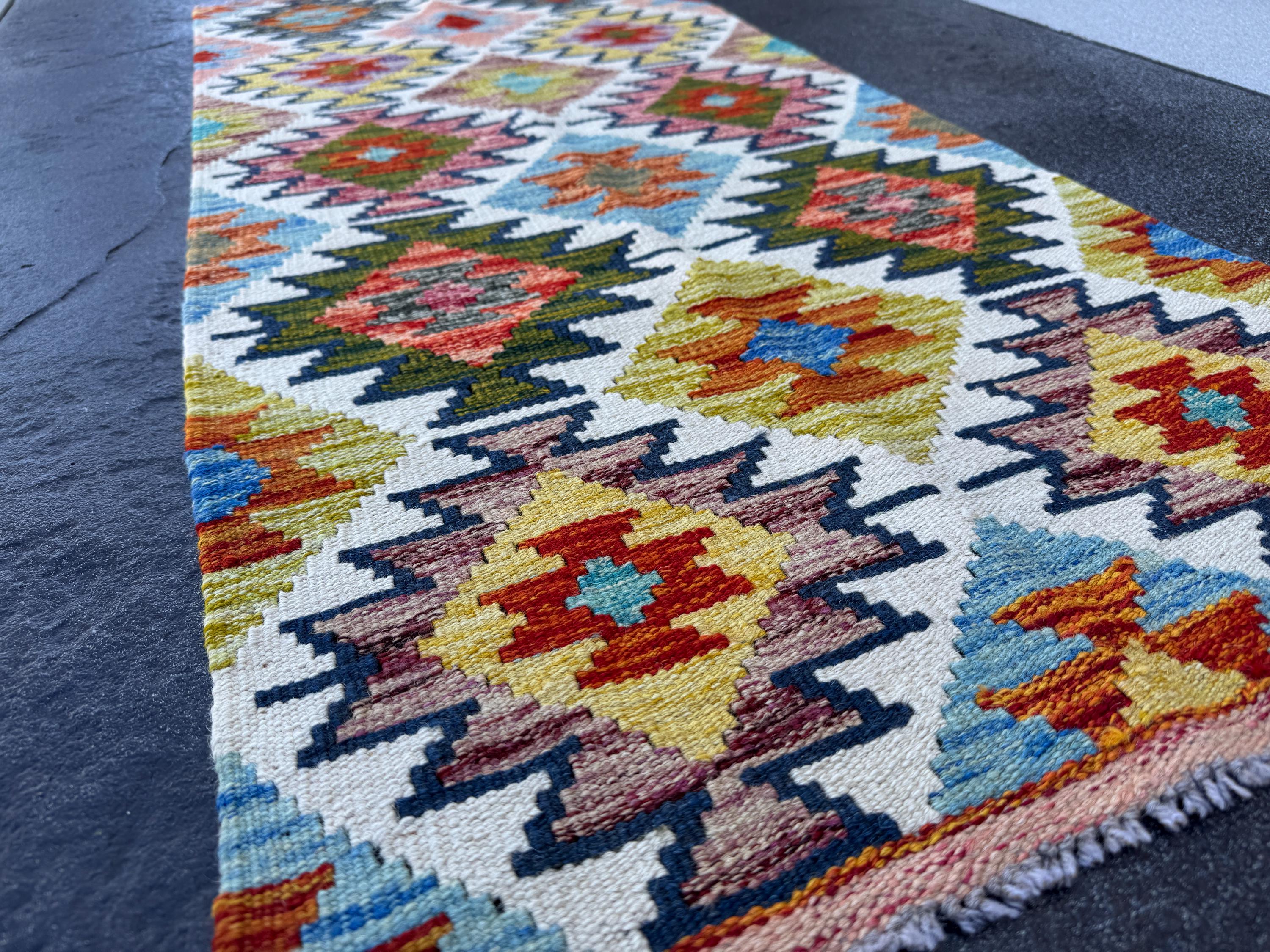 2x5 Handmade Afghan Kilim Runner Rug | Mustard Yellow Burnt Orange Rust Red Olive Green Cream White Teal Aqua Blue Navy Purple Grey | Wool