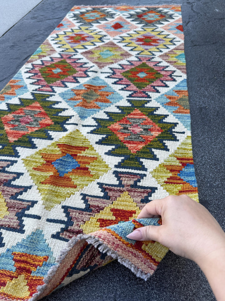 2x5 Handmade Afghan Kilim Runner Rug | Mustard Yellow Burnt Orange Rust Red Olive Green Cream White Teal Aqua Blue Navy Purple Grey | Wool