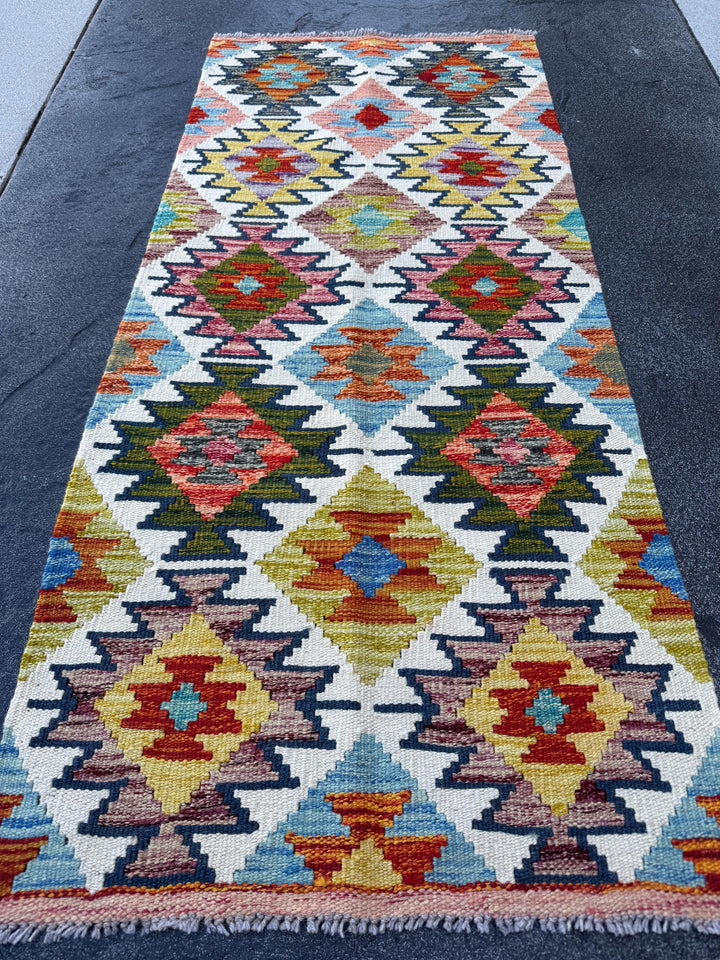2x5 Handmade Afghan Kilim Runner Rug | Mustard Yellow Burnt Orange Rust Red Olive Green Cream White Teal Aqua Blue Navy Purple Grey | Wool