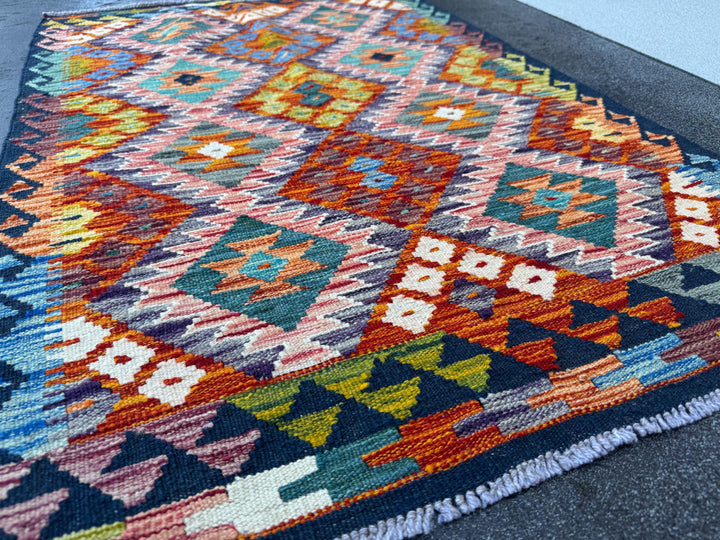 3x4 Handmade Afghan Kilim Rug | Rust Red Burnt Orange Mustard Yellow Olive Green Teal Aqua Blue Navy Purple Cream White Grey | Flatwoven