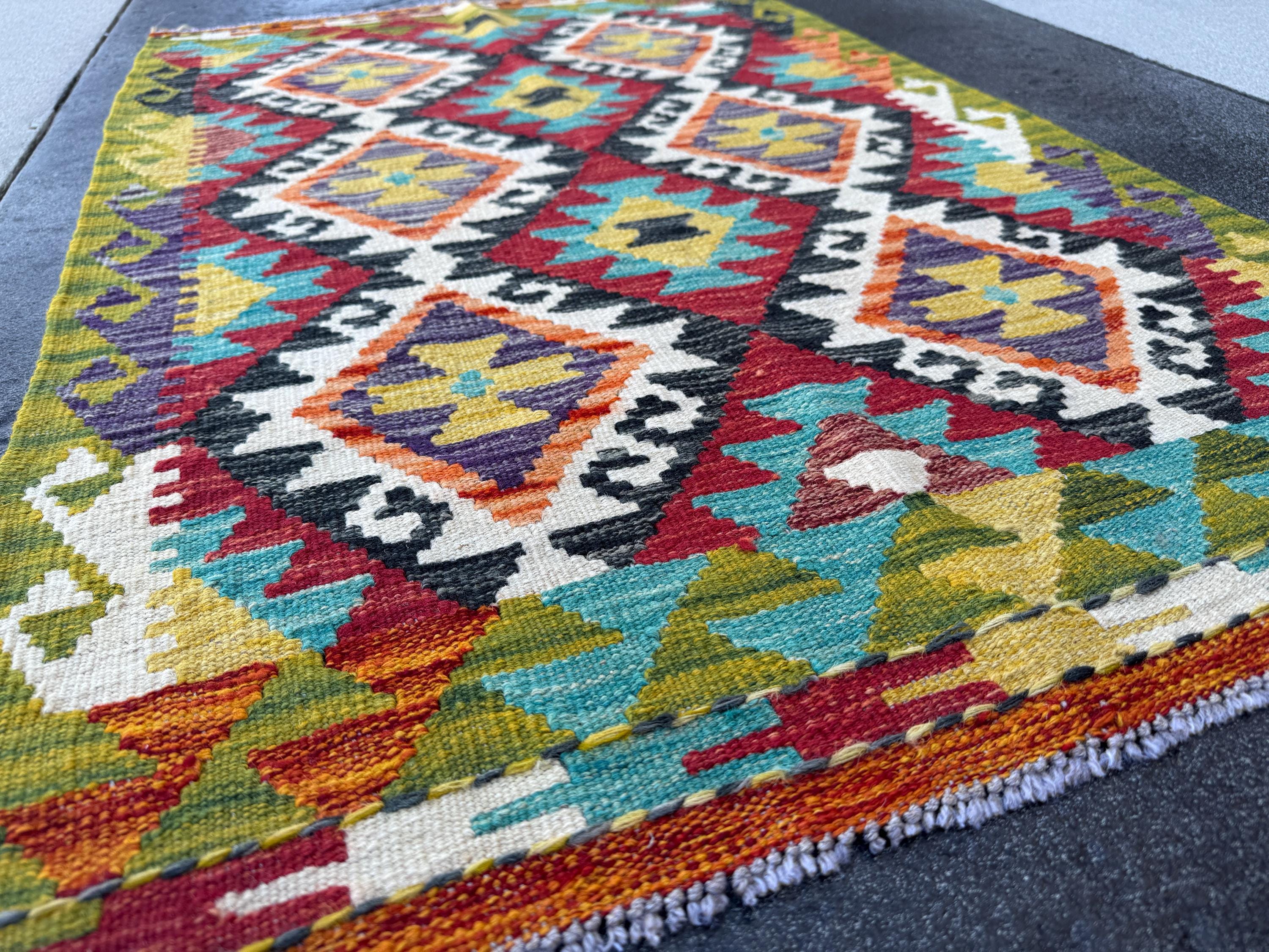 3x5 (91x152) Handmade Afghan Kilim Rug | Rust Red Mustard Yellow Olive Green Burnt Orange Teal Aqua Blue Purple Navy Cream White Black Grey