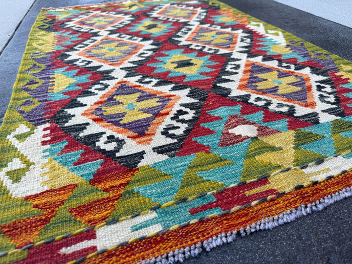 3x5 (91x152) Handmade Afghan Kilim Rug | Rust Red Mustard Yellow Olive Green Burnt Orange Teal Aqua Blue Purple Navy Cream White Black Grey