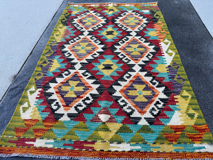 3x5 (91x152) Handmade Afghan Kilim Rug | Rust Red Mustard Yellow Olive Green Burnt Orange Teal Aqua Blue Purple Navy Cream White Black Grey