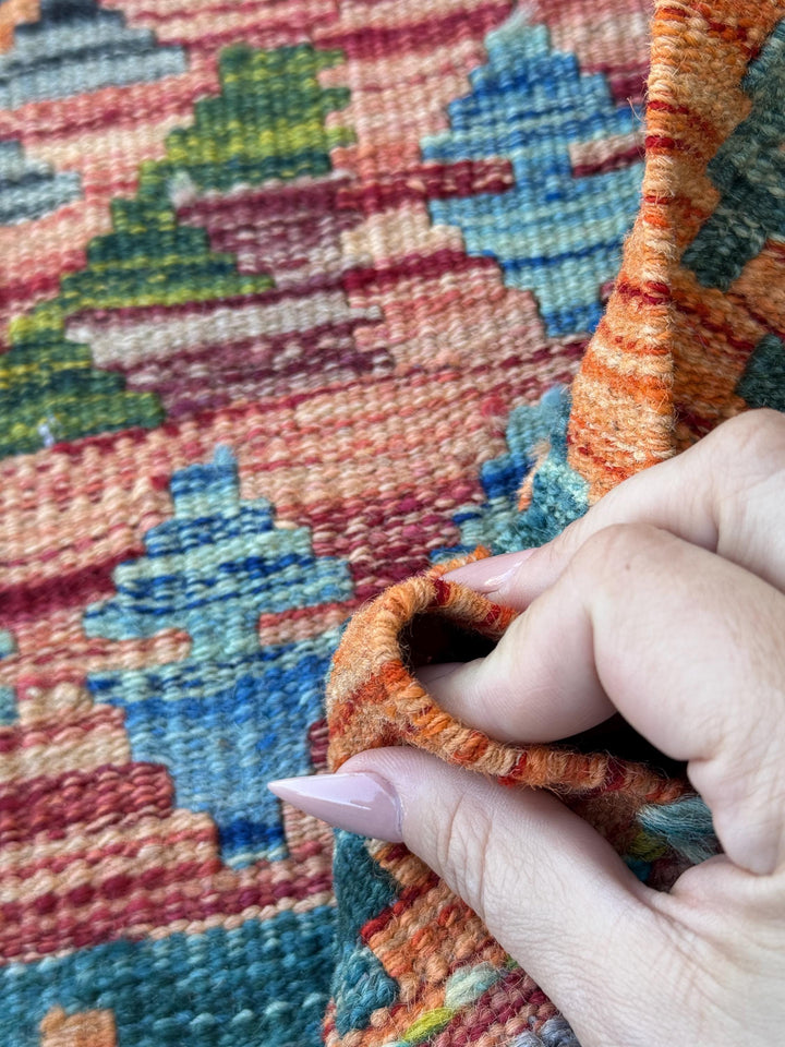 3x4 Handmade Afghan Kilim Rug | Burnt Orange Rust Red Cream White Mustard Yellow Olive Green Teal Aqua Blue Navy Grey | Wool Flatwoven