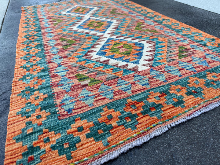 3x4 Handmade Afghan Kilim Rug | Burnt Orange Rust Red Cream White Mustard Yellow Olive Green Teal Aqua Blue Navy Grey | Wool Flatwoven