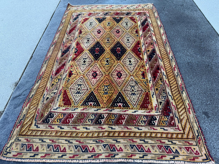 3x4 Handmade Afghan Kilim Rug | Mustard Yellow Rust Red Black Cream Beige Burgundy Navy | Wool Flatwoven