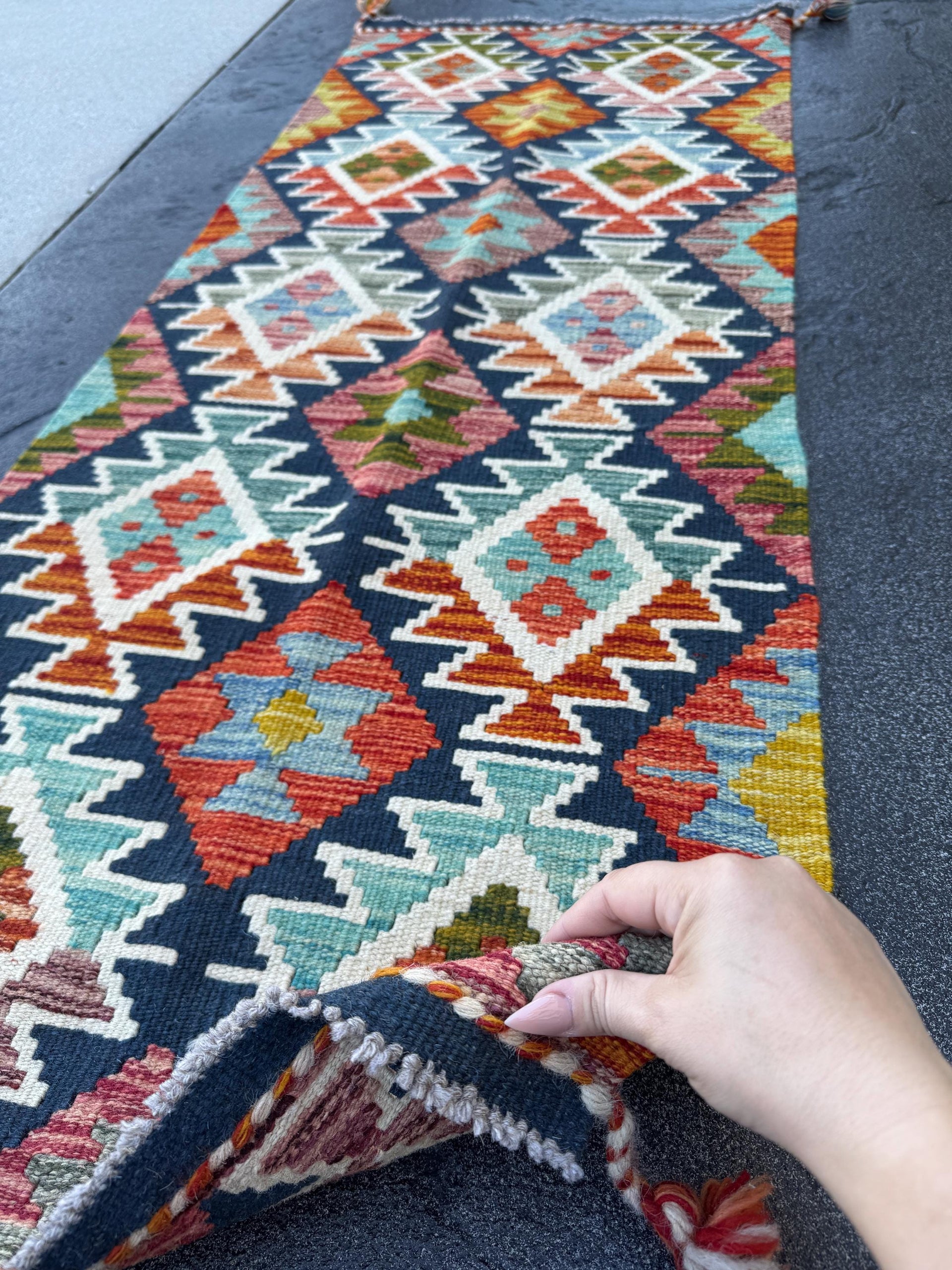 2x5 Handmade Afghan Kilim Runner Rug | Navy Rust Red Burnt Orange Mustard Yellow Cream White Olive Green Teal Aqua Blue Purple Grey | Wool
