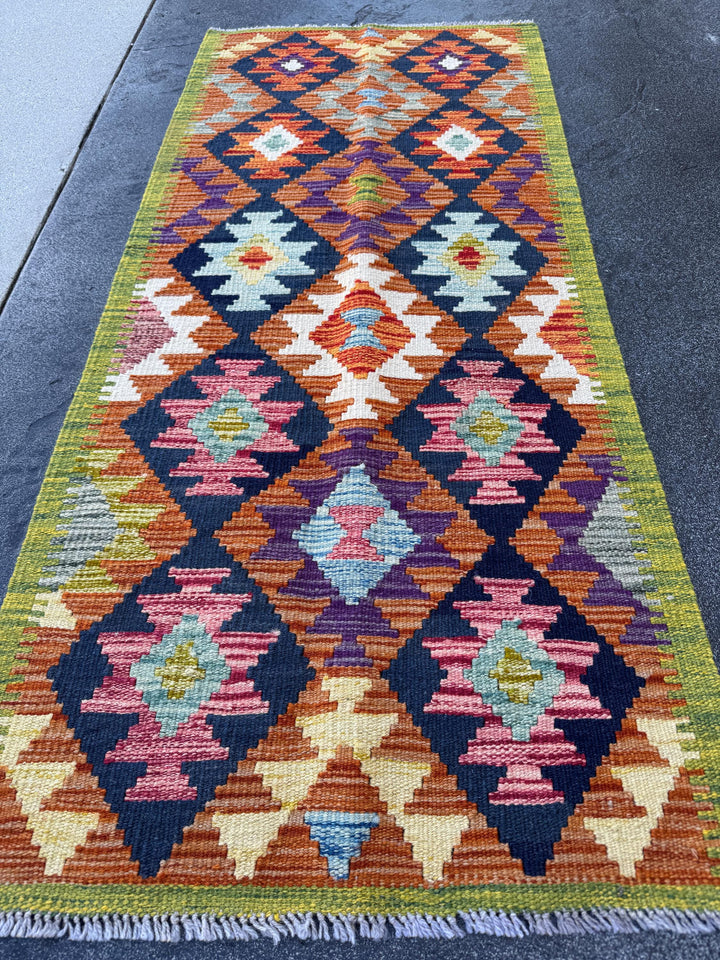 2x5 Handmade Afghan Kilim Runner Rug | Olive Green Navy Burnt Orange Cream Mustard Yellow Pink Teal Aqua Blue Purple Grey | Wool Flatwoven