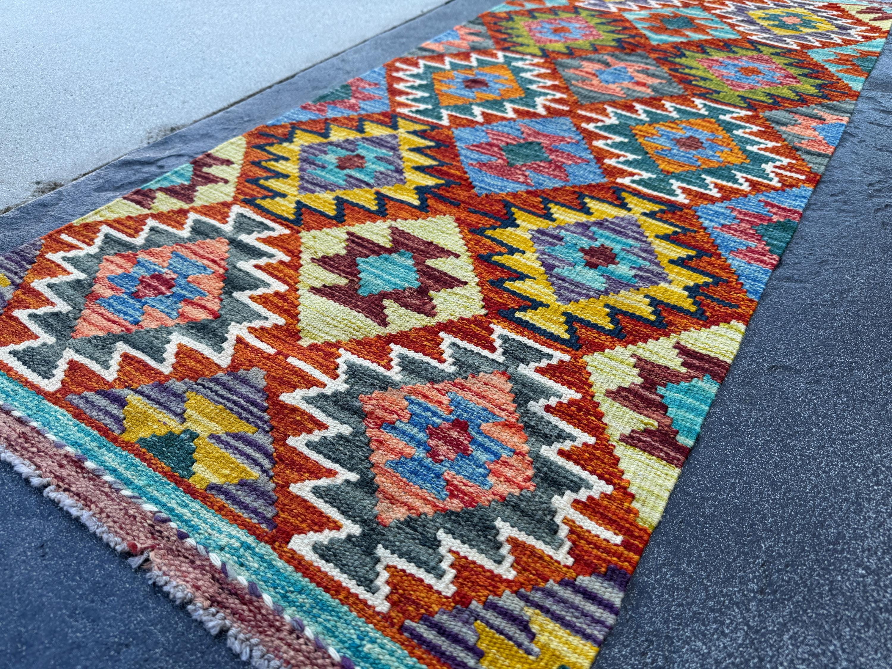 2x5 Handmade Afghan Kilim Runner Rug | Rust Red Burnt Orange Mustard Yellow Olive Green Teal Aqua Blue Navy Purple Cream White Grey | Wool