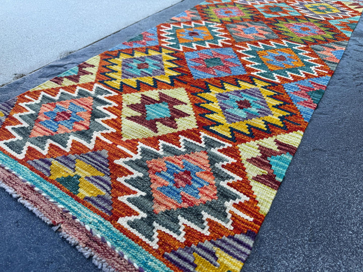 2x5 Handmade Afghan Kilim Runner Rug | Rust Red Burnt Orange Mustard Yellow Olive Green Teal Aqua Blue Navy Purple Cream White Grey | Wool