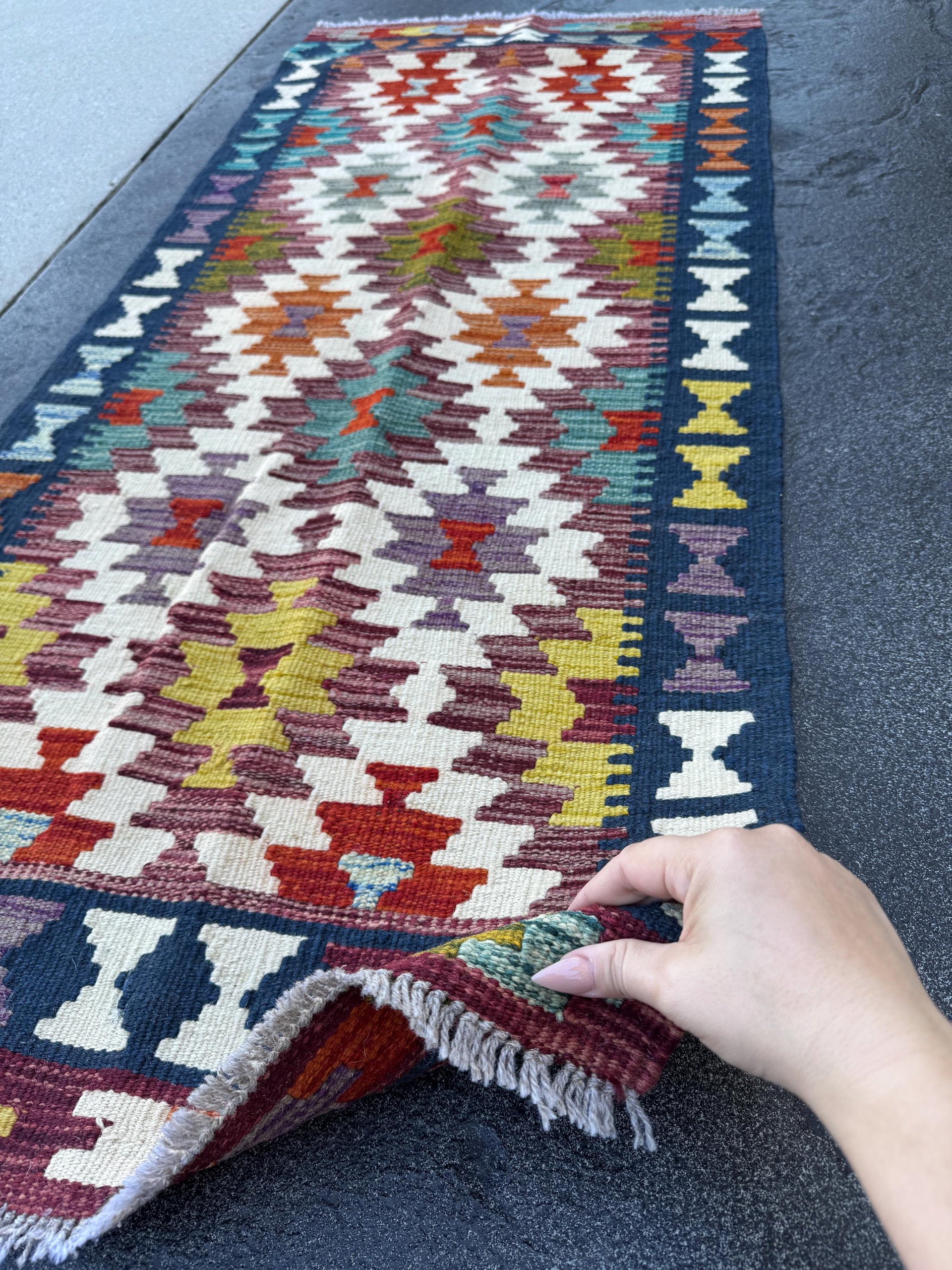 2x5 Handmade Afghan Kilim Runner Rug | Cream White Rust Red Mustard Yellow Burnt Orange Olive Green Teal Aqua Blue Navy Purple Grey | Wool