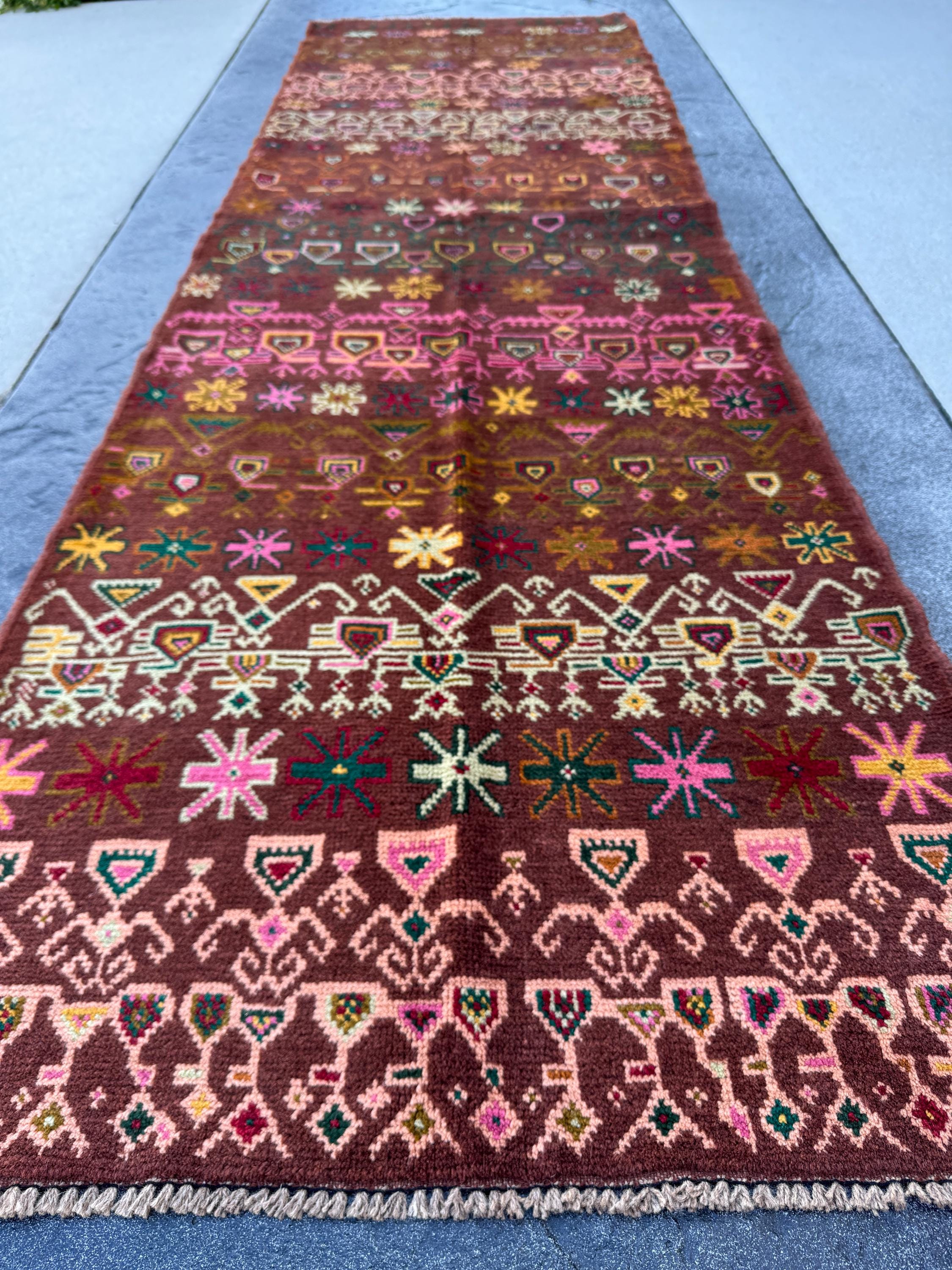 3x10 Handmade Afghan Runner | Chocolate Brown Pine Green Cream White Rose Salmon Pink Brick Red Yellow Orange Beige Mustard Taupe Copper