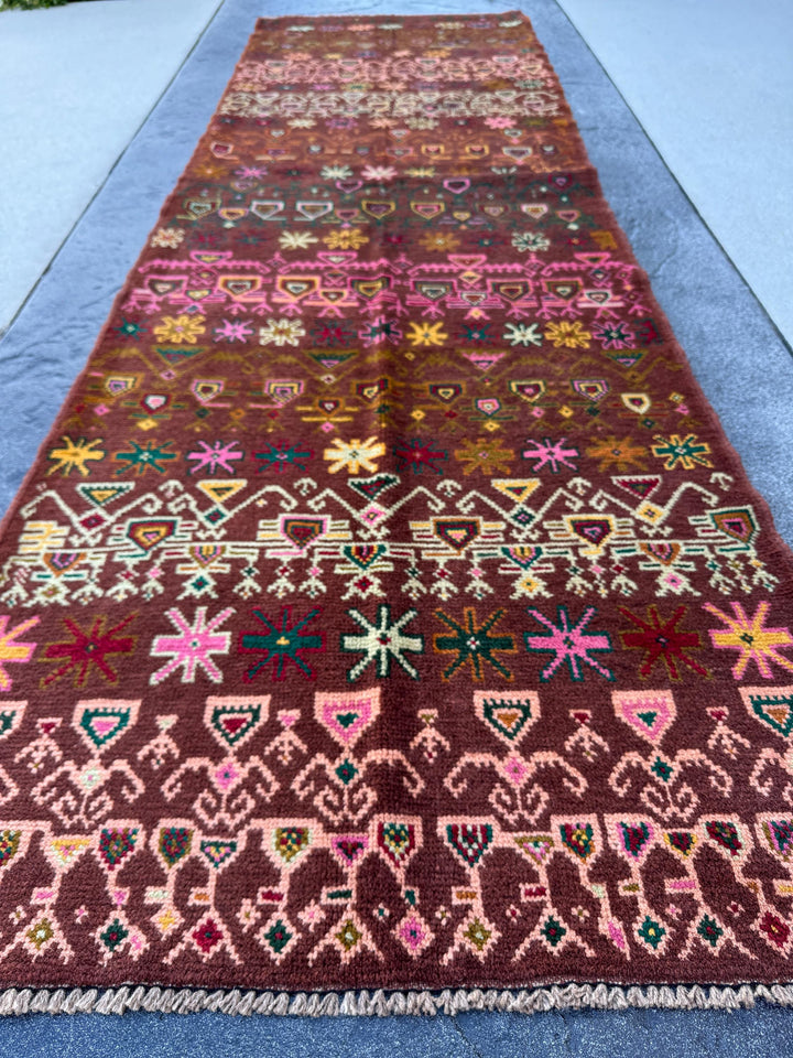 3x10 Handmade Afghan Runner | Chocolate Brown Pine Green Cream White Rose Salmon Pink Brick Red Yellow Orange Beige Mustard Taupe Copper