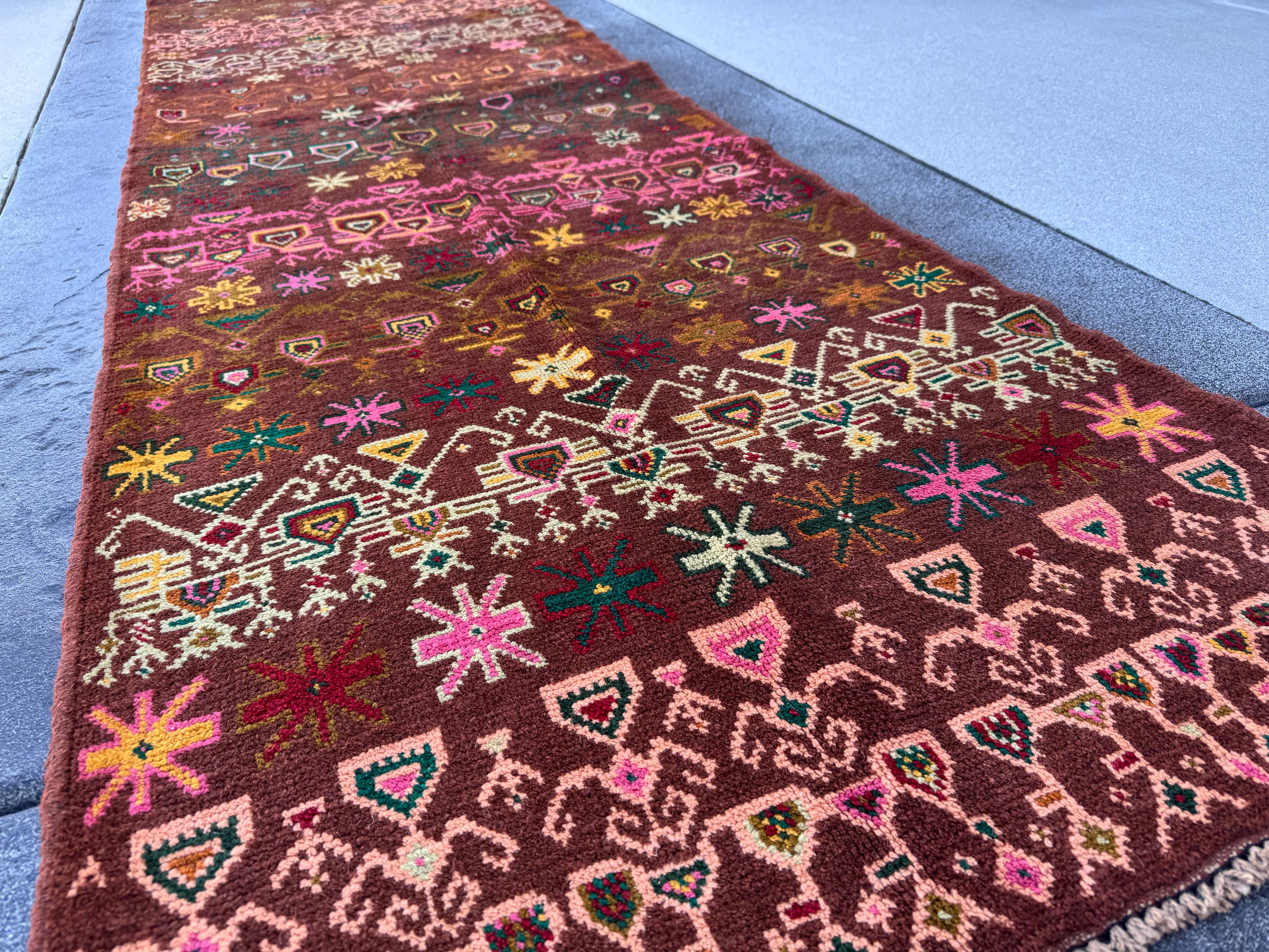 3x10 Handmade Afghan Runner | Chocolate Brown Pine Green Cream White Rose Salmon Pink Brick Red Yellow Orange Beige Mustard Taupe Copper