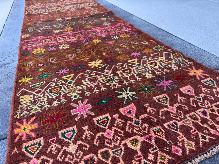 3x10 Handmade Afghan Runner | Chocolate Brown Pine Green Cream White Rose Salmon Pink Brick Red Yellow Orange Beige Mustard Taupe Copper