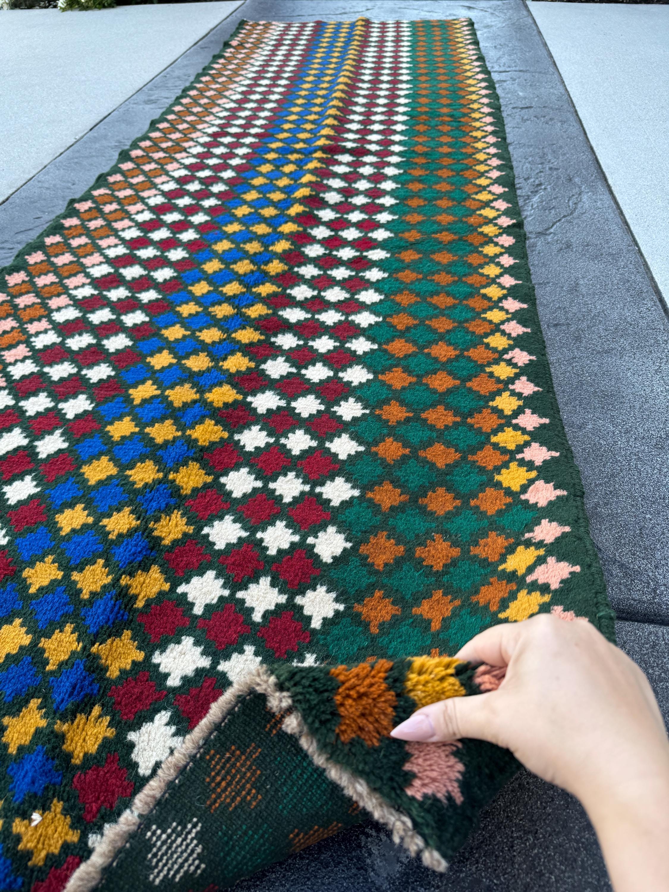 3x10 Handmade Vintage Afghan Baluch Runner Rug | Pine Forest Green Navy Blue Cream White Copper Taupe Salmon Pink Brick Red | Wool Flatwoven